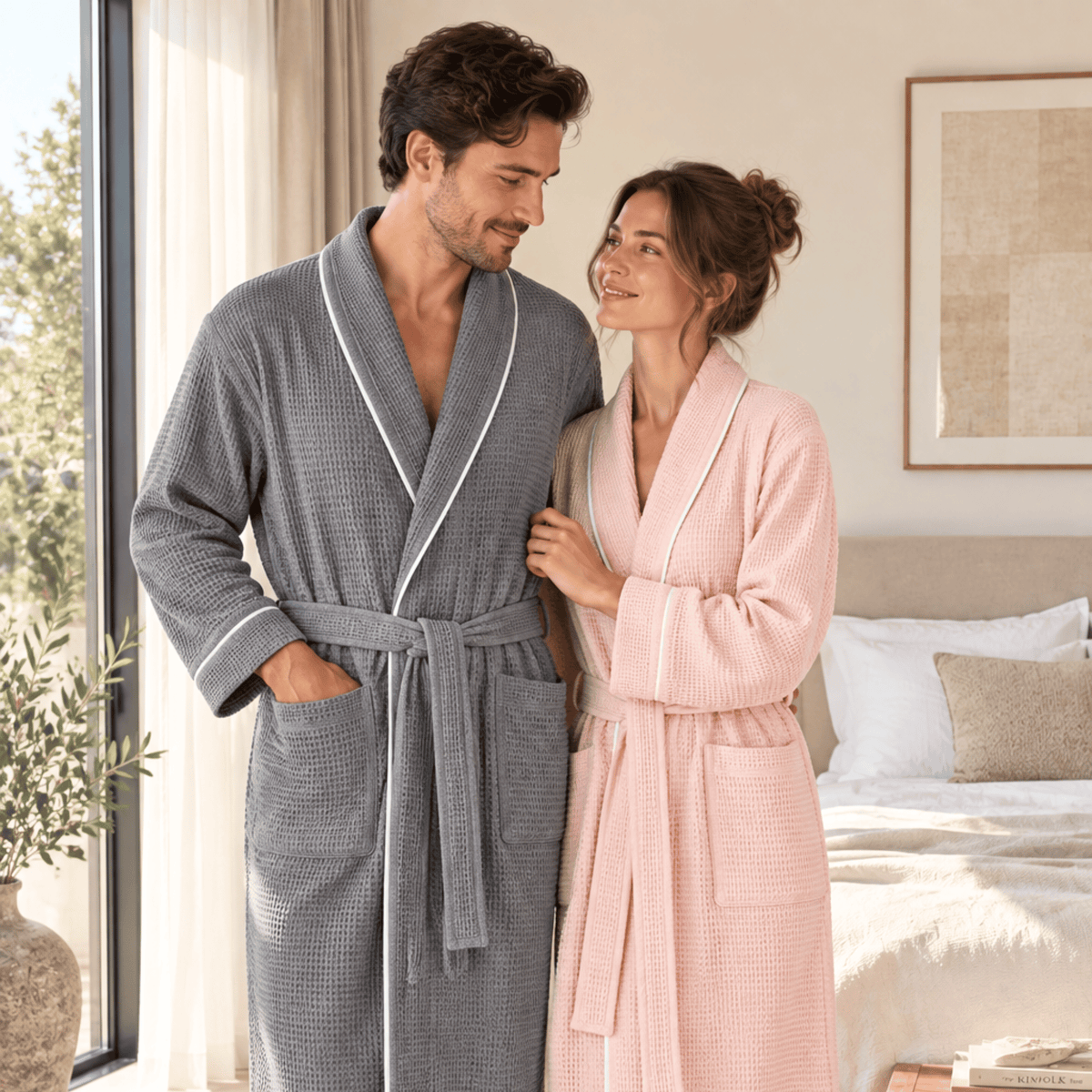 Couple Waffle Bathrobes, Set of Two