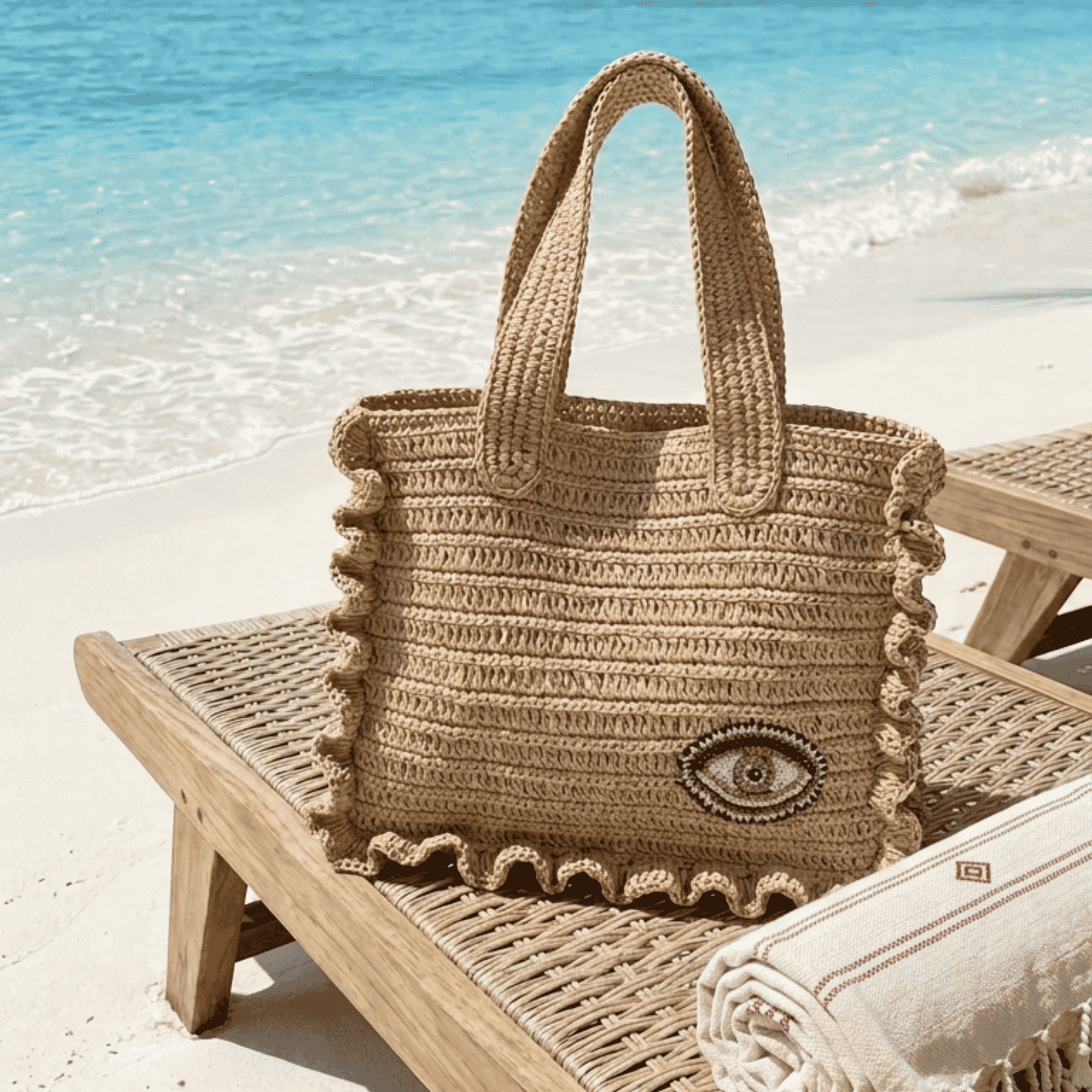 Raffia Tote Bag with Beaded Evil Eye Motif