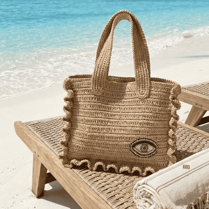 Raffia Tote Bag with Beaded Evil Eye Motif
