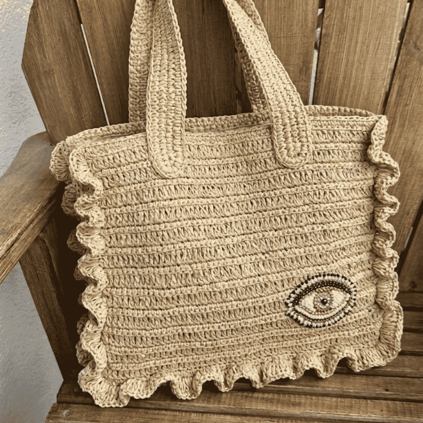 Raffia Tote Bag with Beaded Evil Eye Motif