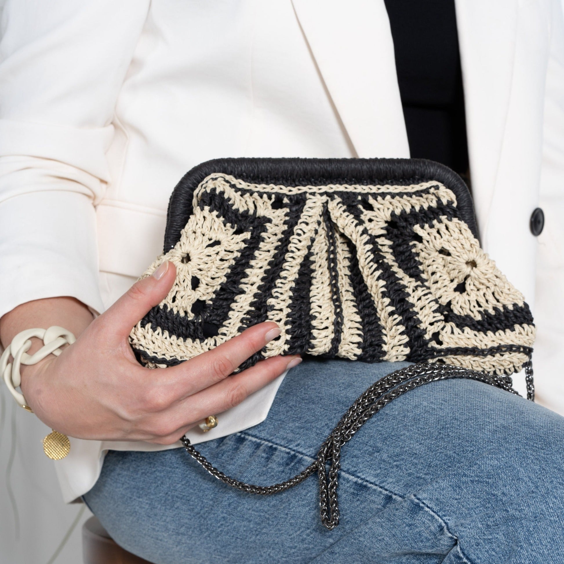 Luxury Crochet Straw Clutch Bag, Black