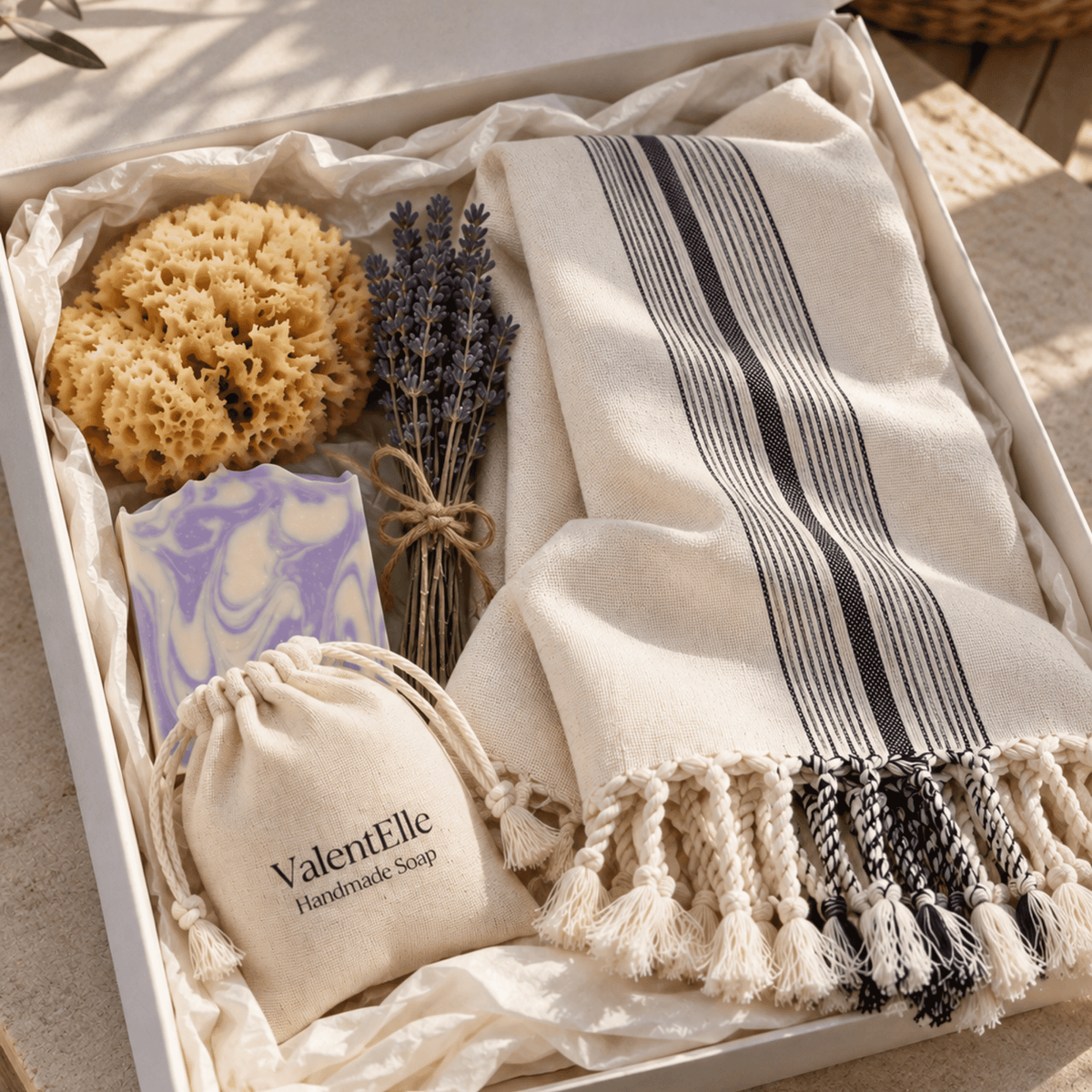 Turkish Bath Gift Set – Peshtemal, Natural Soaps & Aegean Sea Sponge