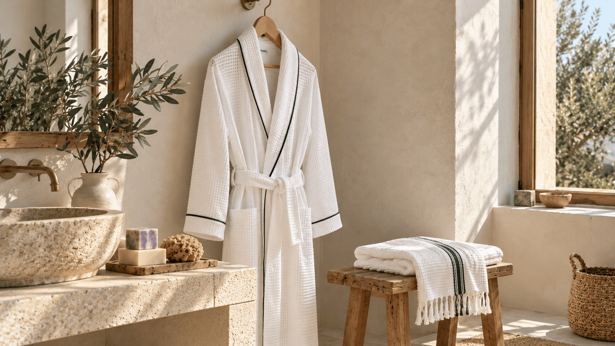 A white waffle-knit bathrobe with black piping hangs on a wooden hanger in a sunlit bathroom setting, next to a rustic wooden stool with a matching folded throw blanket.