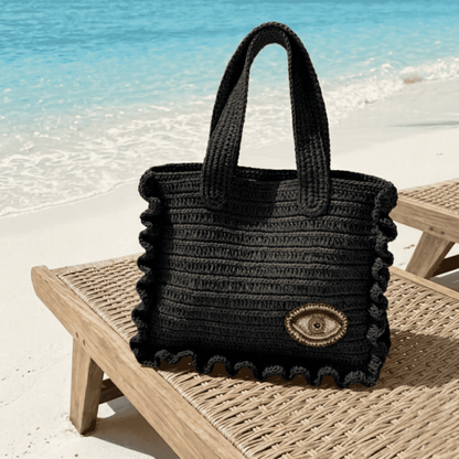 Raffia Tote Bag with Beaded Evil Eye Motif